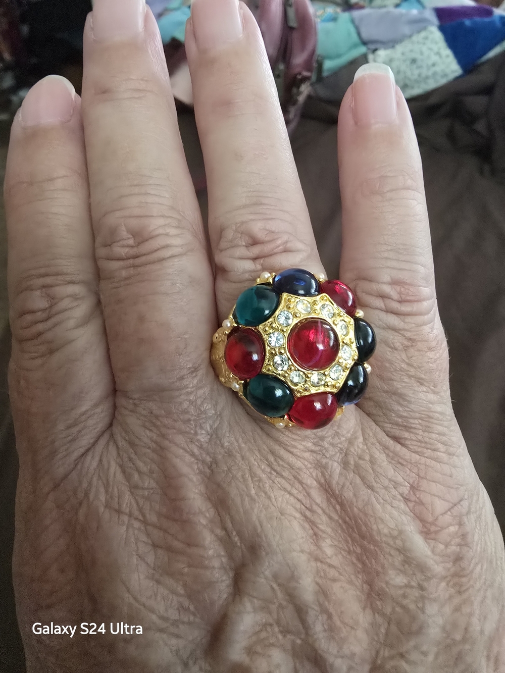 Gold-Tone Multi Gem Cluster Ring - Red, Green, Blue